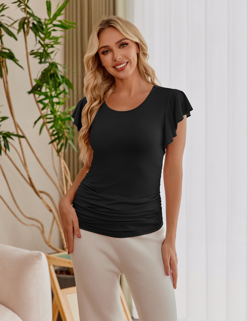 Maternity ruched side top with short flare sleeves, black