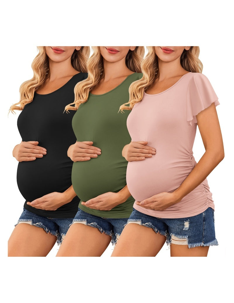 Maternity ruched side tops 3-pack: black, green, blush pink