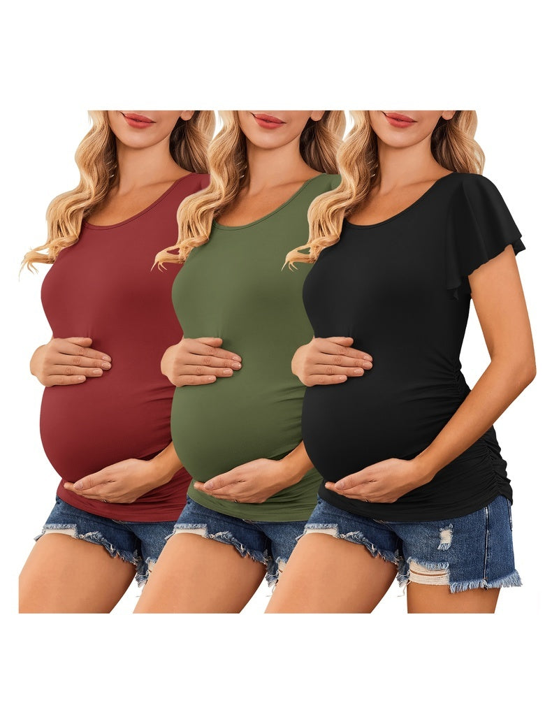 Maternity ruched side tops 3-pack: maroon, olive green, black