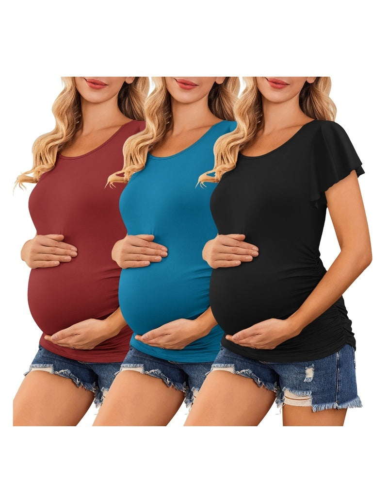 3-pack maternity tops with flare sleeves and ruched sides in wine, teal, and black.