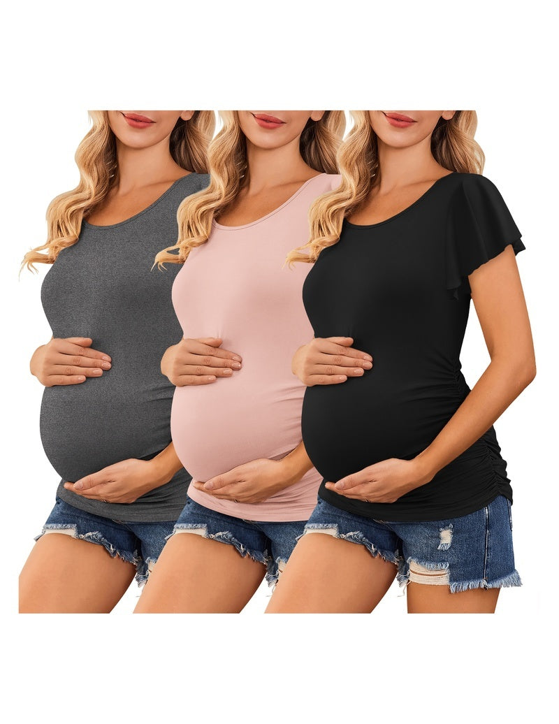 3-pack maternity tops with flare sleeves and ruched sides in gray, blush pink, and black.