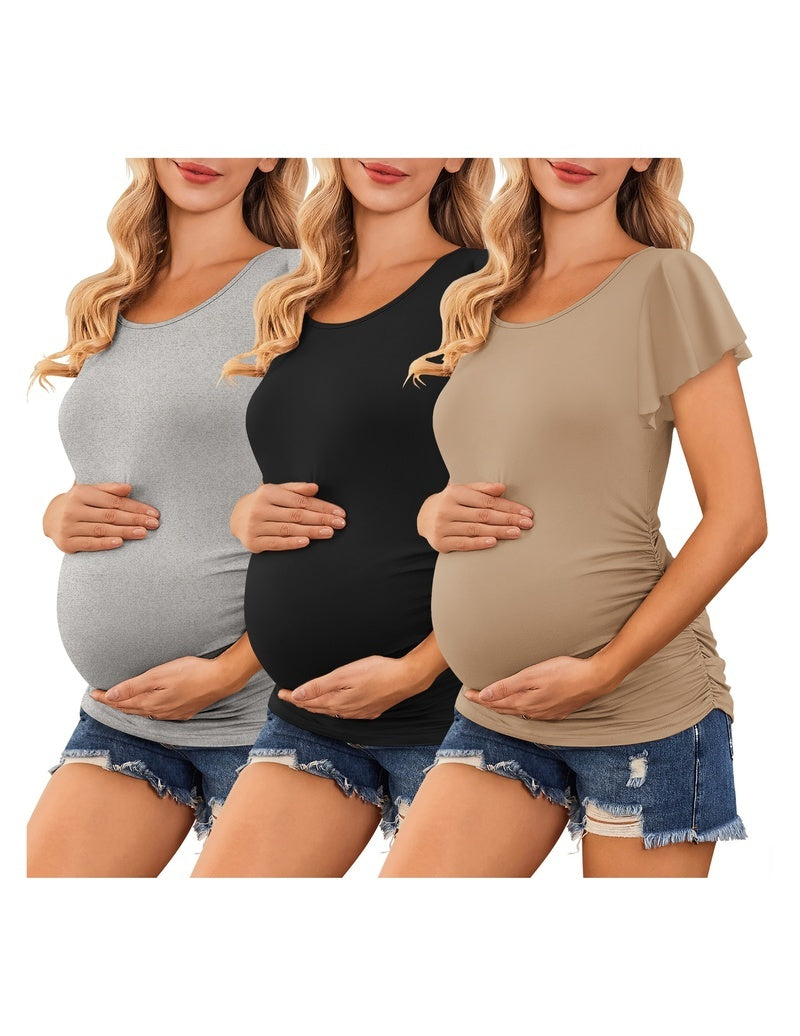 3-pack maternity tops with flare sleeves and ruched sides in gray, black, and tan.