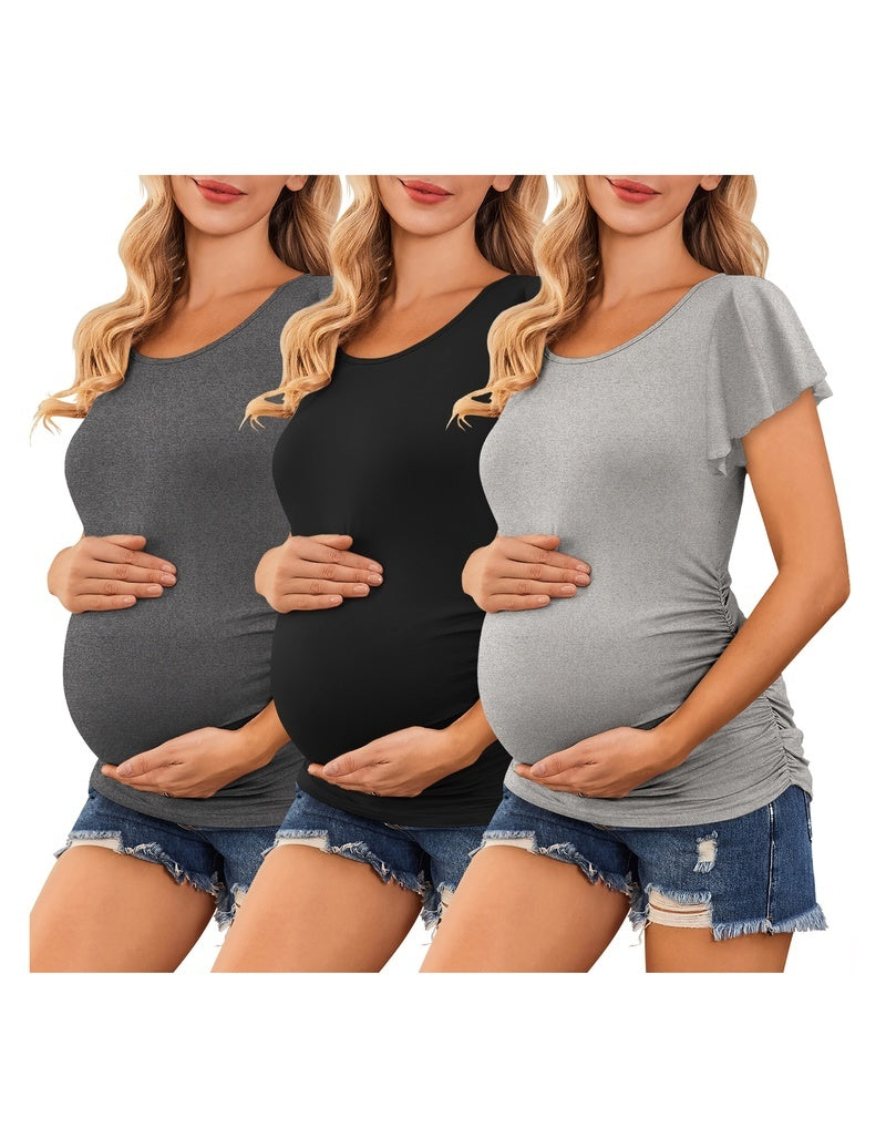 3-pack maternity tops with flare sleeves and ruched sides in dark gray, black, and light gray.