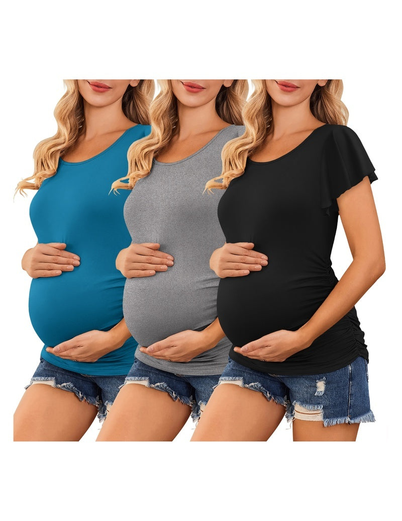 3-pack maternity tops with flare sleeves and ruched sides in blue, gray, and black.