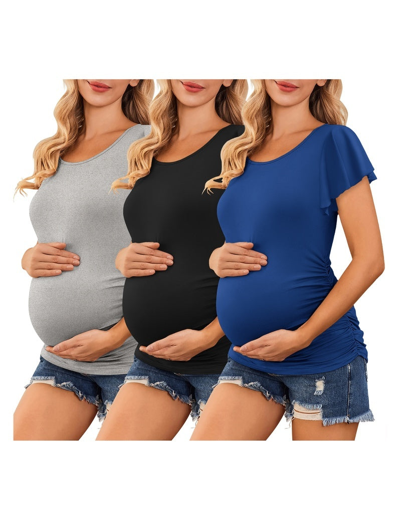 3-pack maternity tops with flare sleeves and ruched sides in light gray, black, and royal blue.