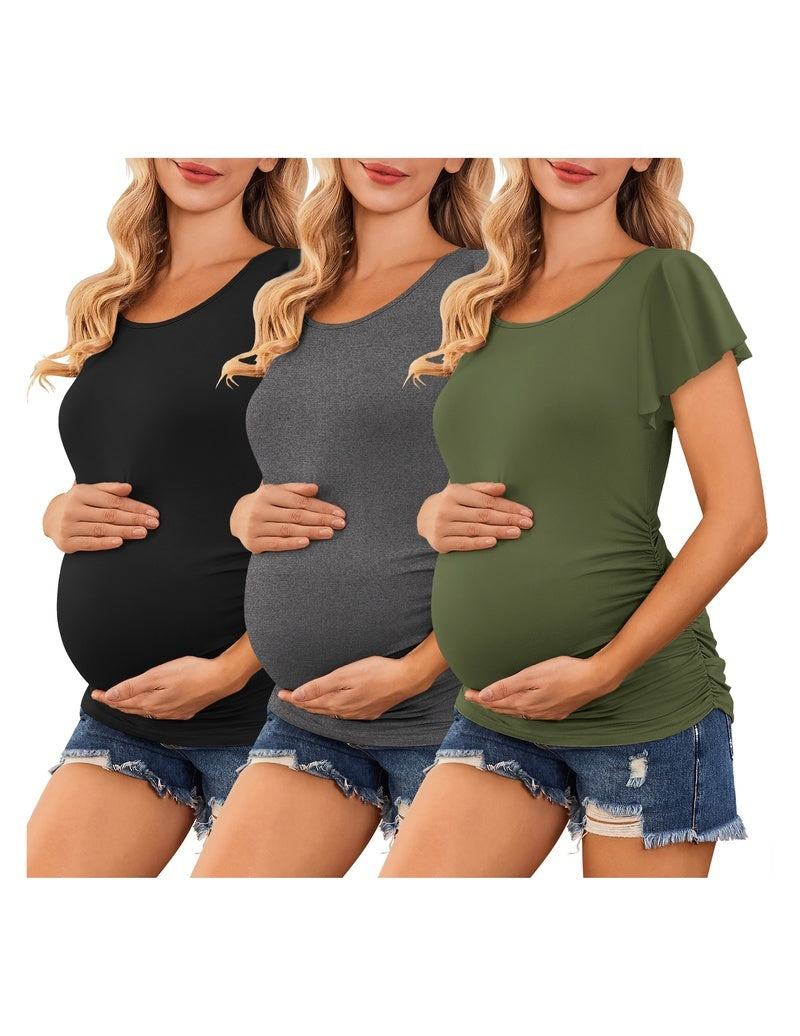 3-pack maternity tops with flare sleeves and ruched sides in black, gray, and olive green.