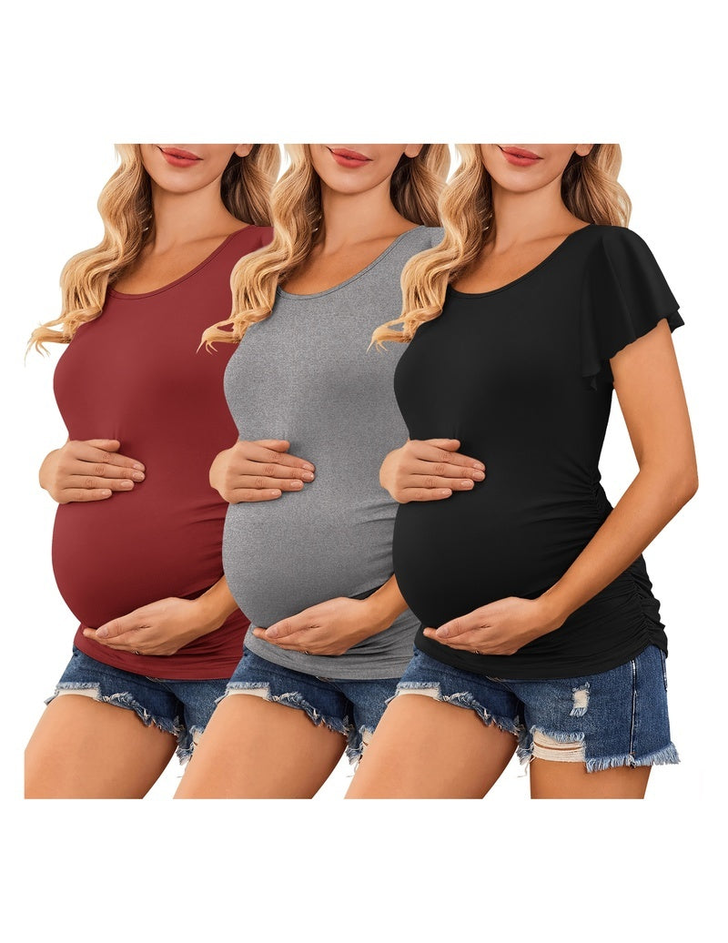 3-pack maternity tops with flare sleeves and ruched sides in burgundy, gray, and black.