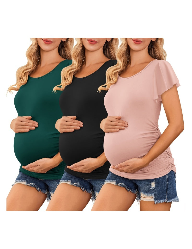 3-pack maternity tops with flare sleeves and ruched sides in deep green, black, and blush.
