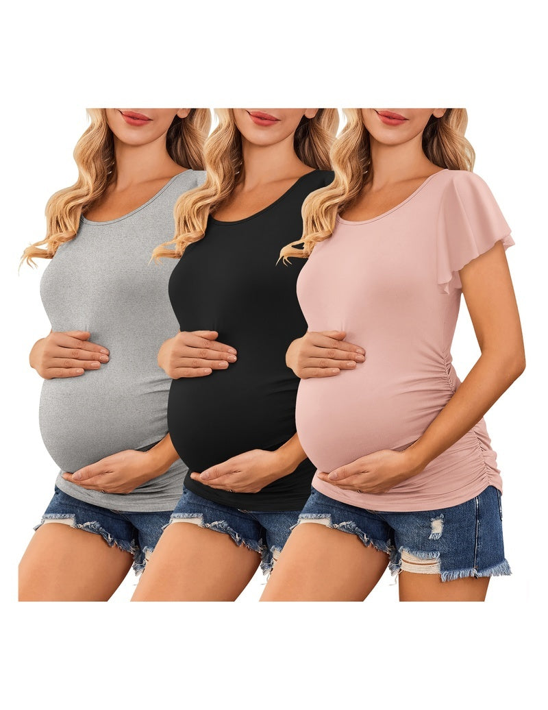 3-pack maternity tops with flare sleeves and ruched sides in gray, black, and blush pink.