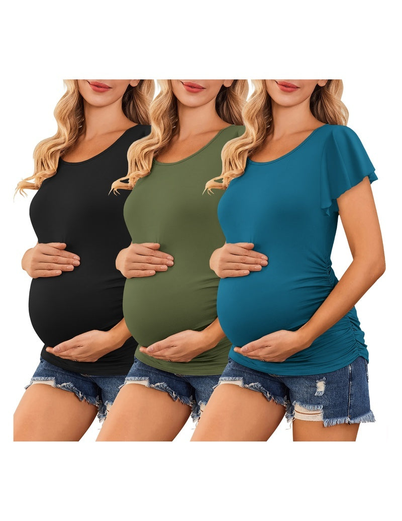 Maternity tops (black, olive, teal) with ruched sides and flare sleeves