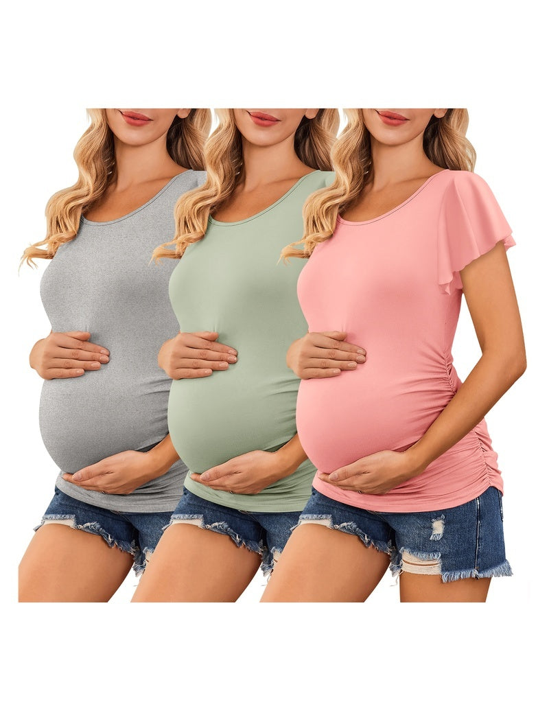 Maternity tops (grey, sage green, blush pink) with ruched sides and flare sleeves