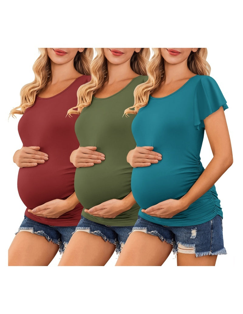 Maternity tops (maroon, olive green, teal) with ruched sides and flare sleeves