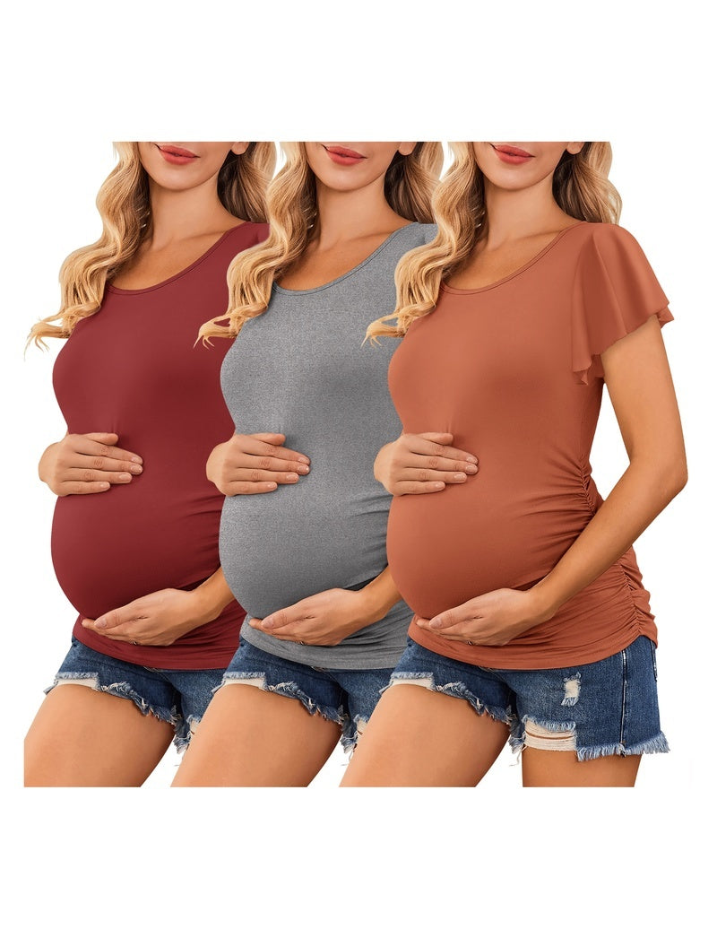 Maternity tops (maroon, grey, rust) with ruched sides and flare sleeves
