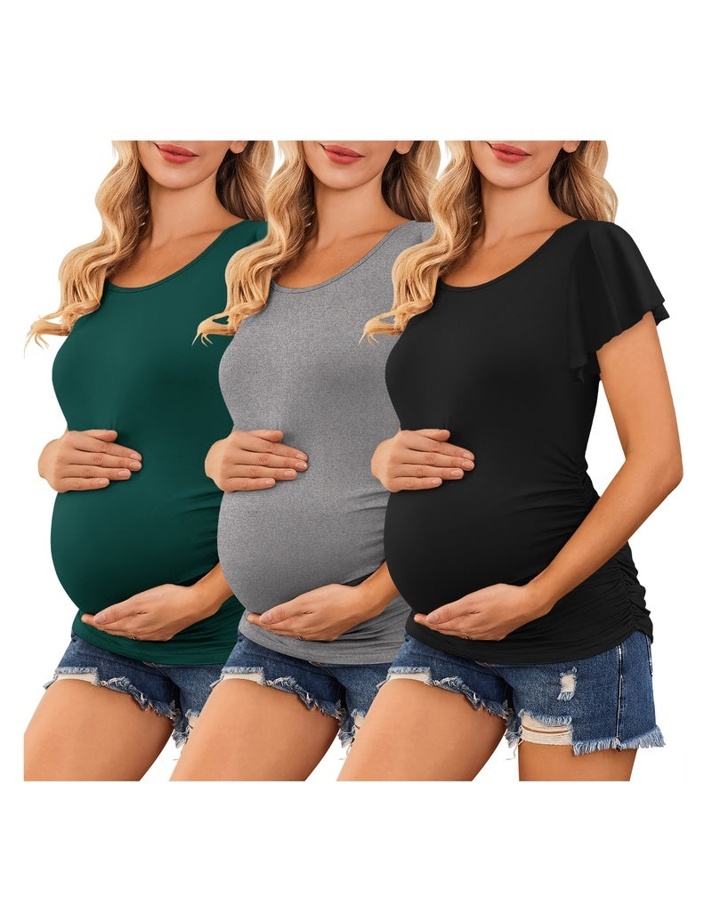 Maternity tops (dark green, grey, black) with ruched sides and flare sleeves