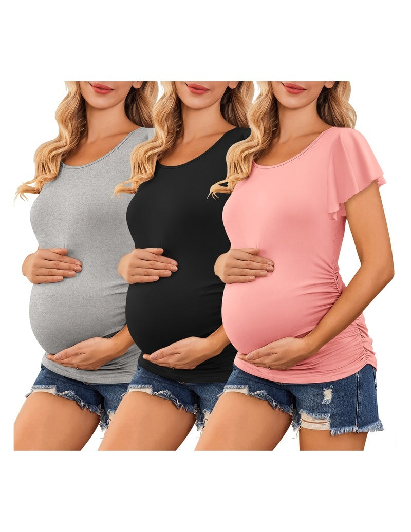 Maternity tops (light grey, black, blush pink) with ruched sides and flare sleeves