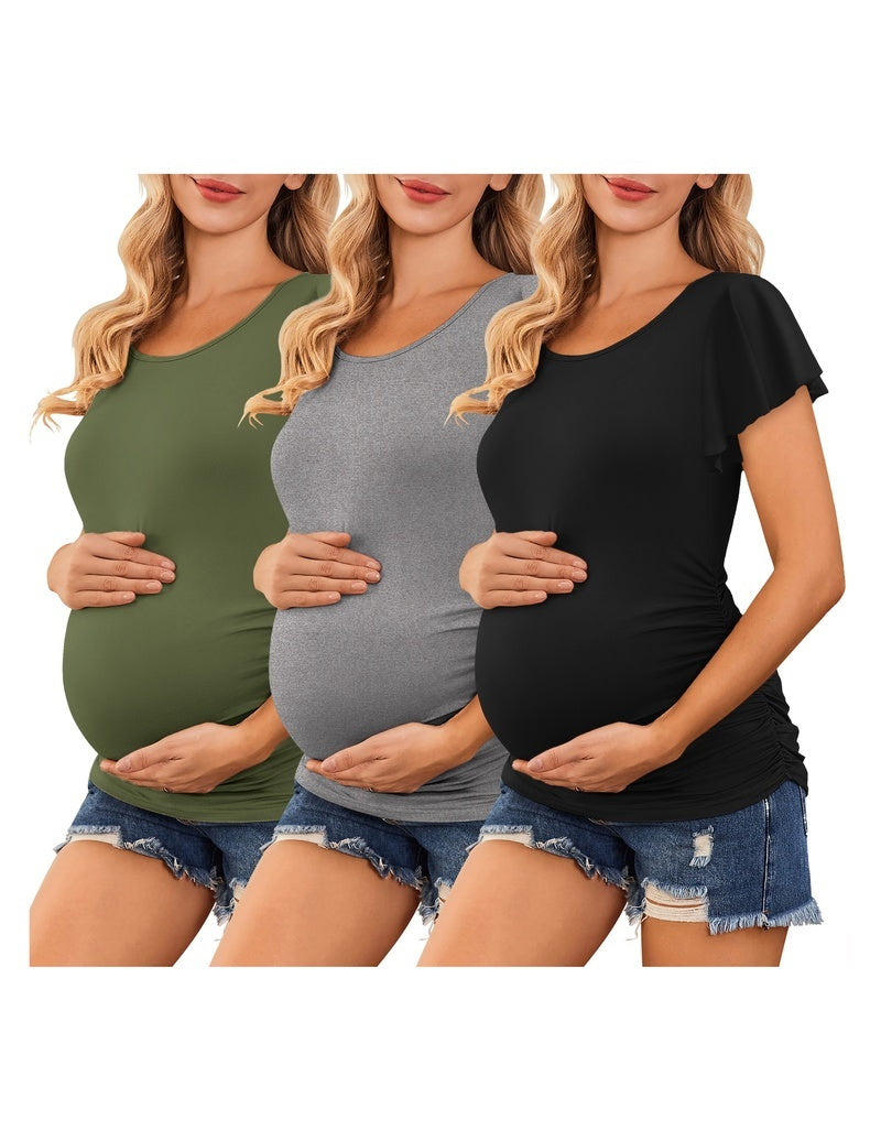 Maternity tops (green, grey, black) with ruched sides and flare sleeves