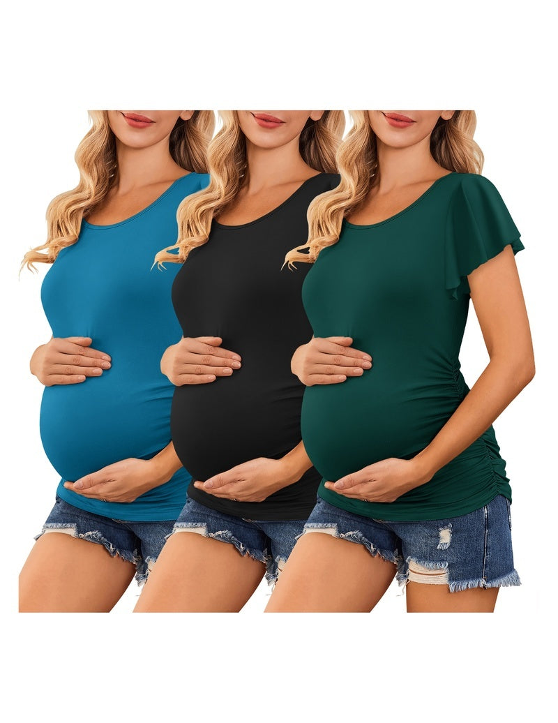 Maternity flare-sleeve ruched-side top, blue black and dark green set