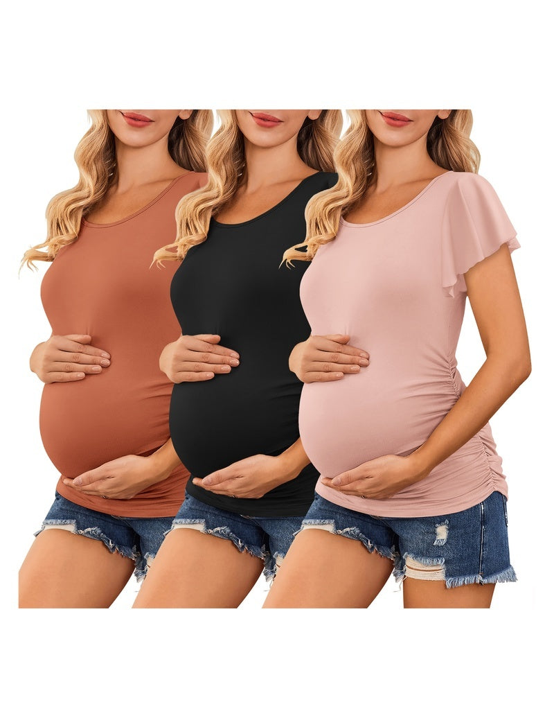 Maternity flare-sleeve ruched-side top, tan black and blush pink set