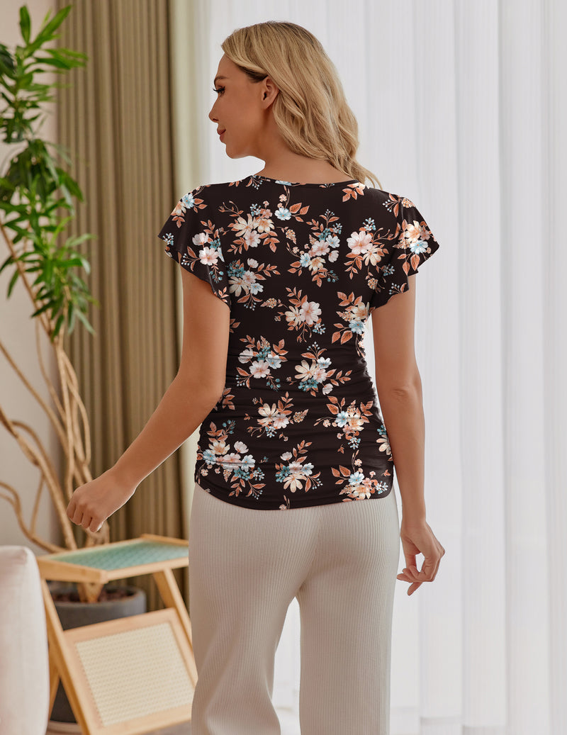 Maternity flare-sleeve ruched side top, black floral print