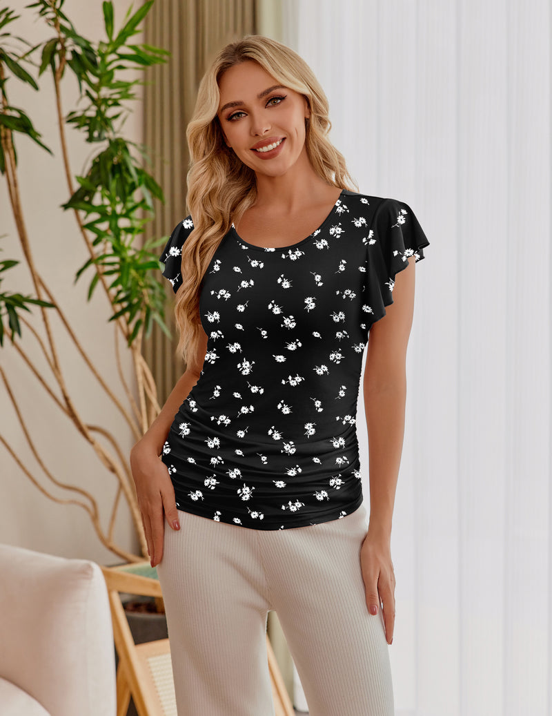 Maternity flare-sleeve ruched side top, black with white mini print, front