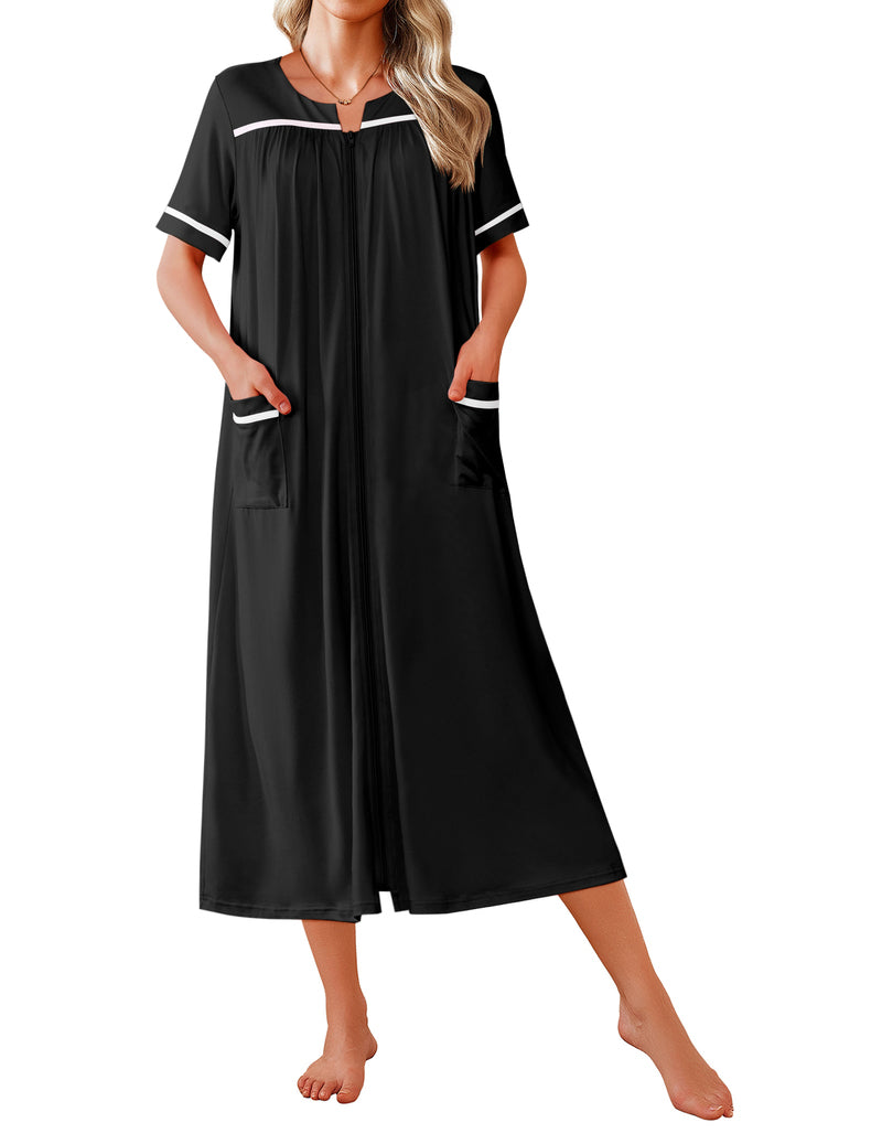Black short-sleeve long nightgown with V-neck placket and front pockets, contrast trim
