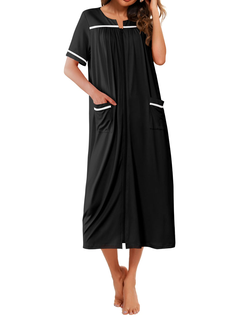 Women's short-sleeve robe, black with contrast trim and two side pockets