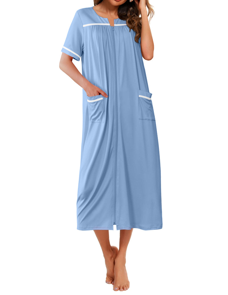 Light blue short-sleeve long nightgown with V-neck placket, front pockets, contrast trim