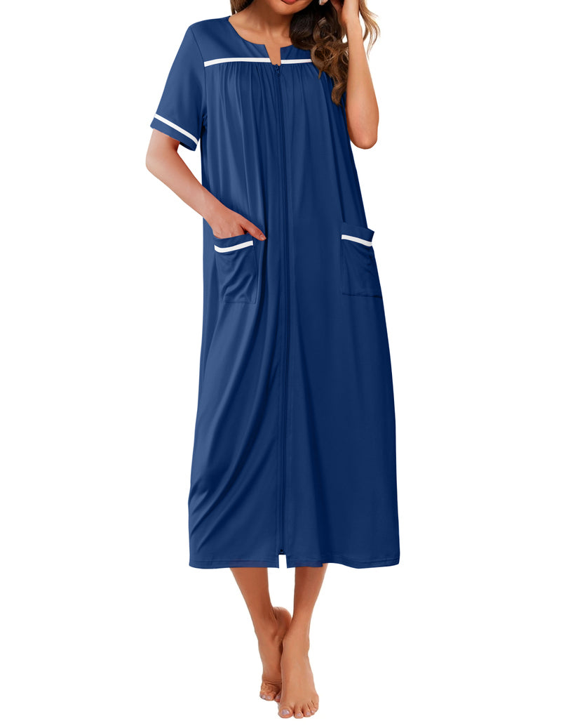 Navy blue short-sleeve long nightgown with V-neck placket, front pockets, contrast trim
