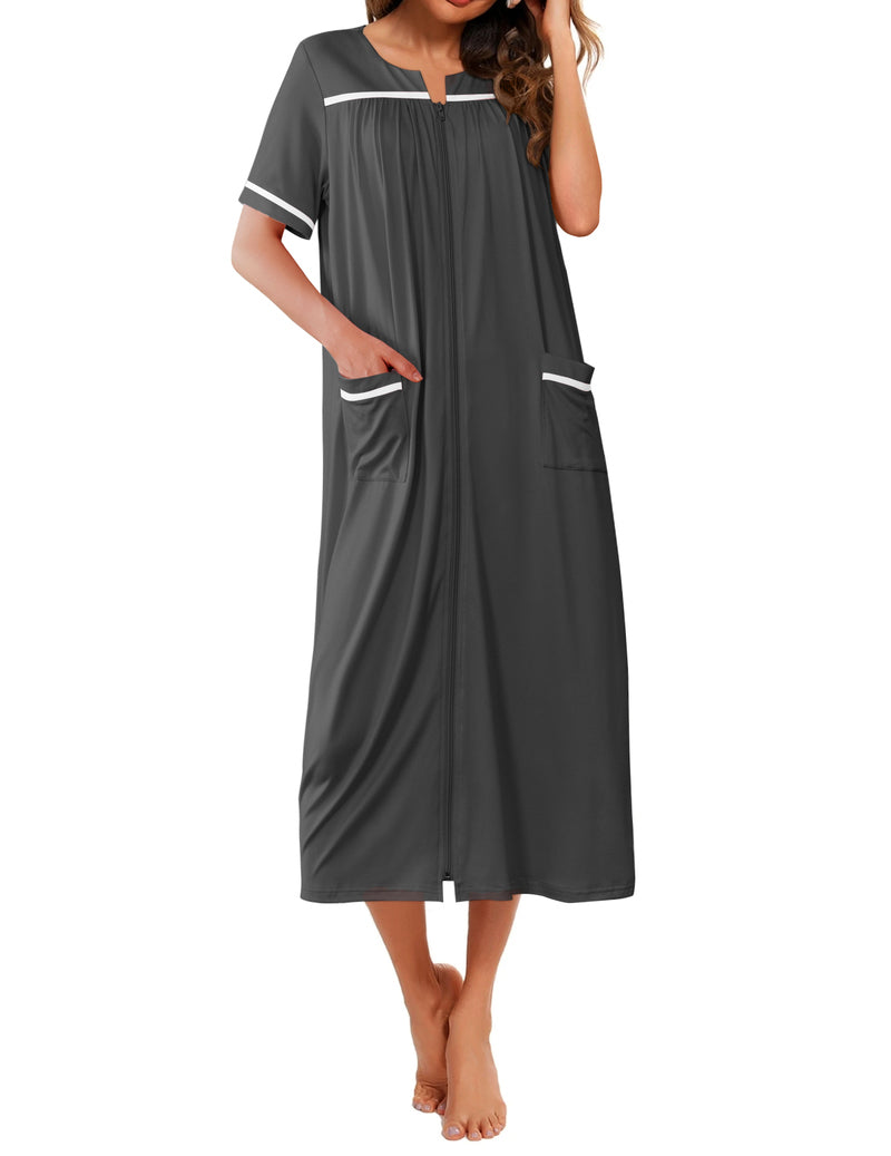 Charcoal short-sleeve long nightgown with V-neck placket, front pockets, contrast trim