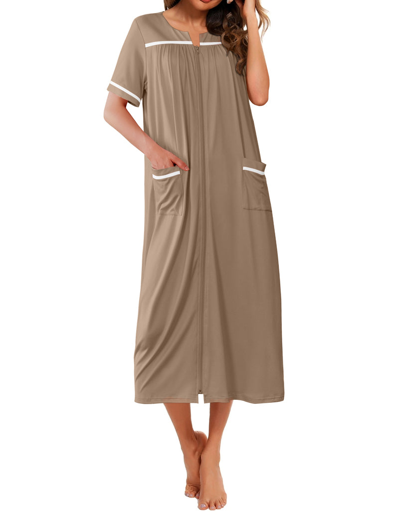 Beige short-sleeve long nightgown with V-neck placket and front pockets, contrast trim