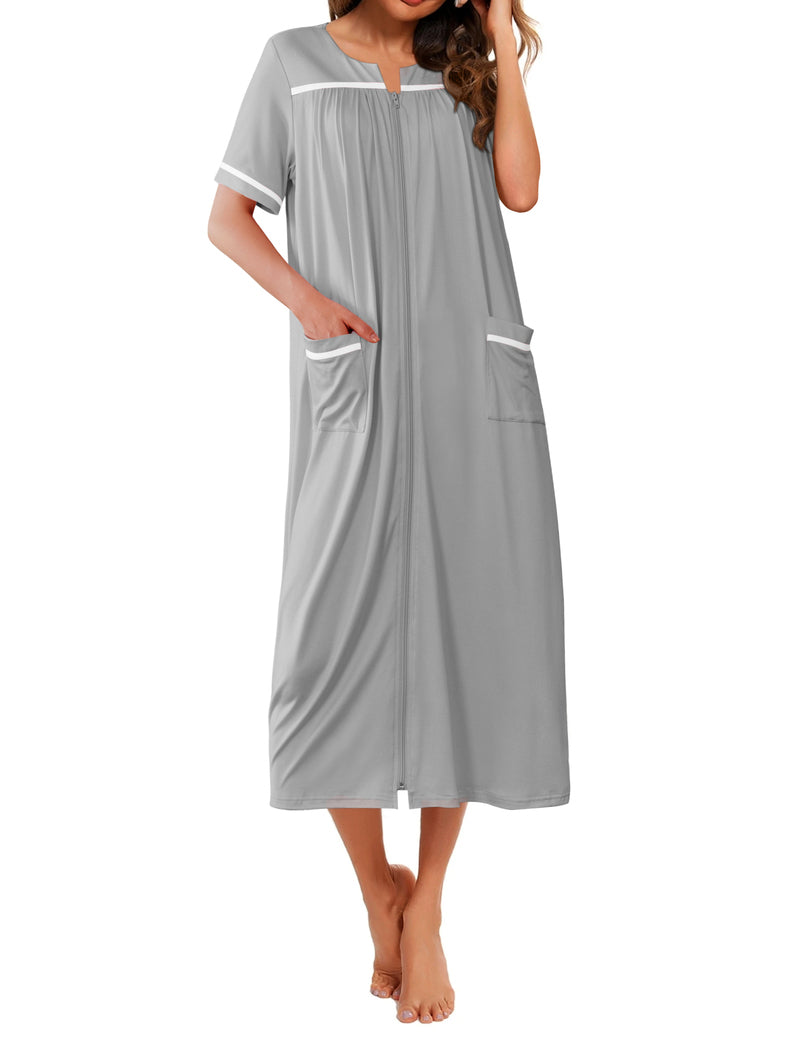 Light gray short-sleeve long nightgown with V-neck placket and front pockets, contrast trim