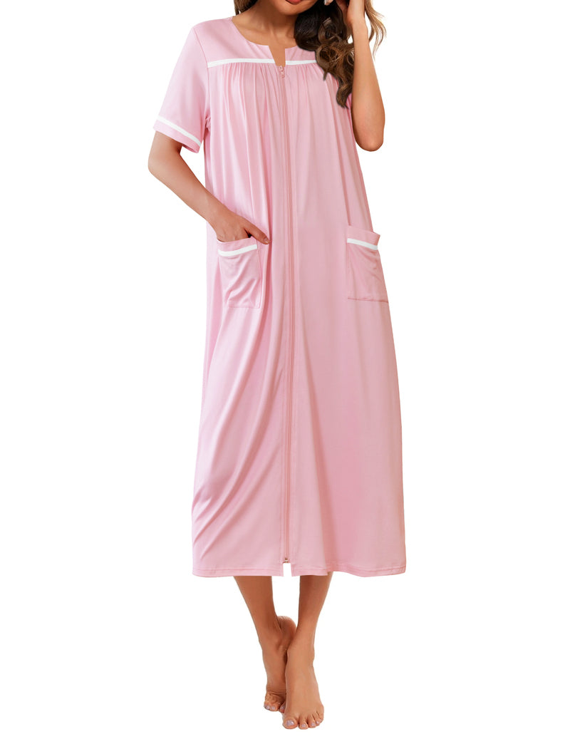 Pink short-sleeve long nightgown with V-neck placket and front pockets, contrast trim