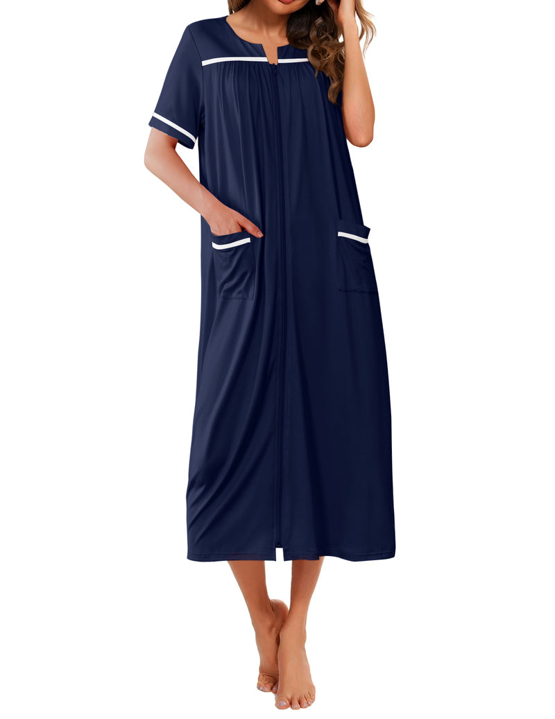 Navy blue short-sleeve long nightgown with V-neck placket, front pockets, contrast trim
