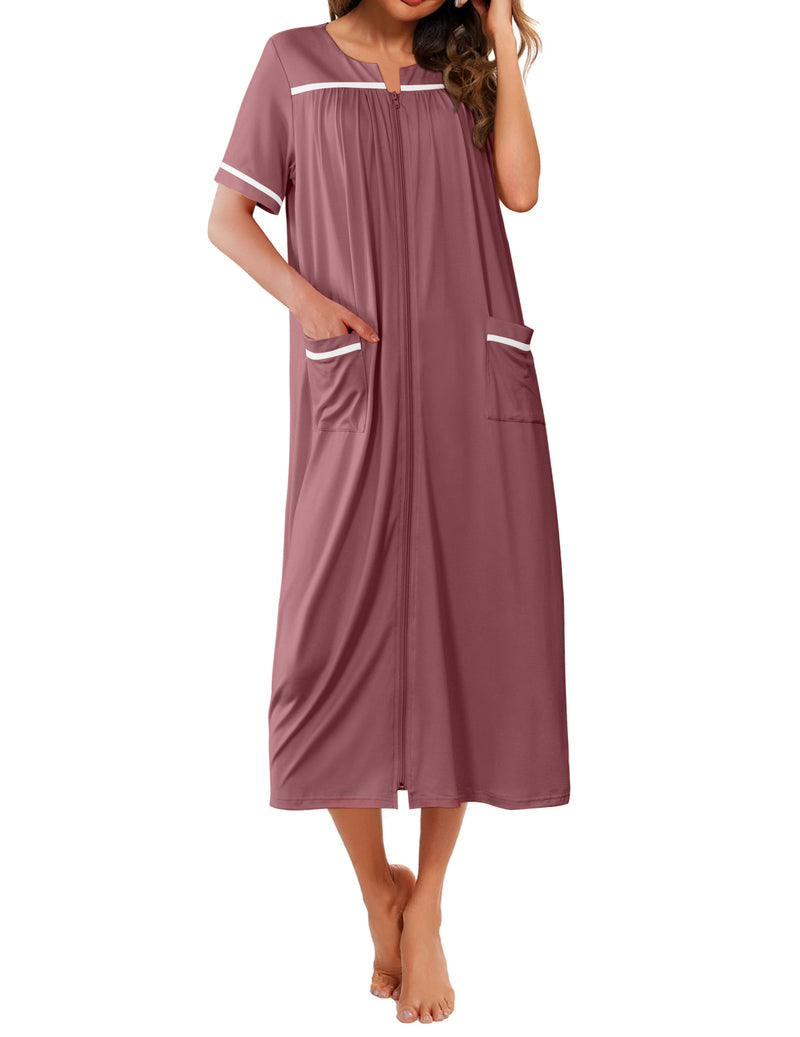 Women's short-sleeve robe, mauve with contrast trim and two side pockets