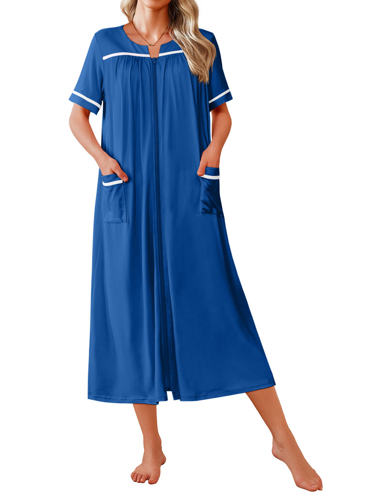 Women's short-sleeve robe, bright blue with contrast trim and two side pockets