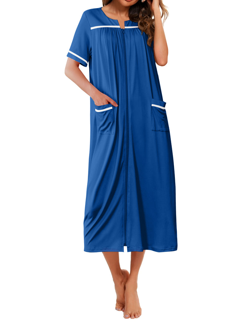 Women's short-sleeve robe, blue with contrast trim and two side pockets