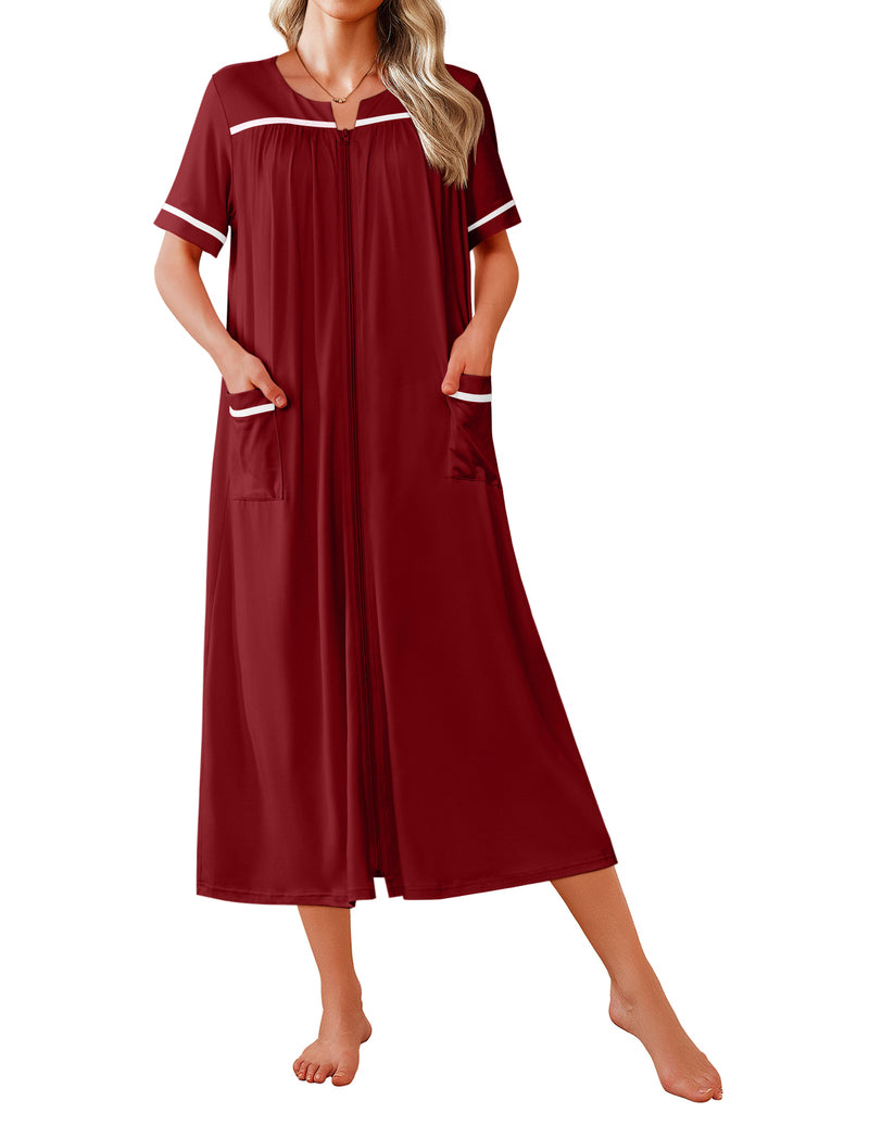 Women's short-sleeve robe, dark red with contrast trim and two side pockets