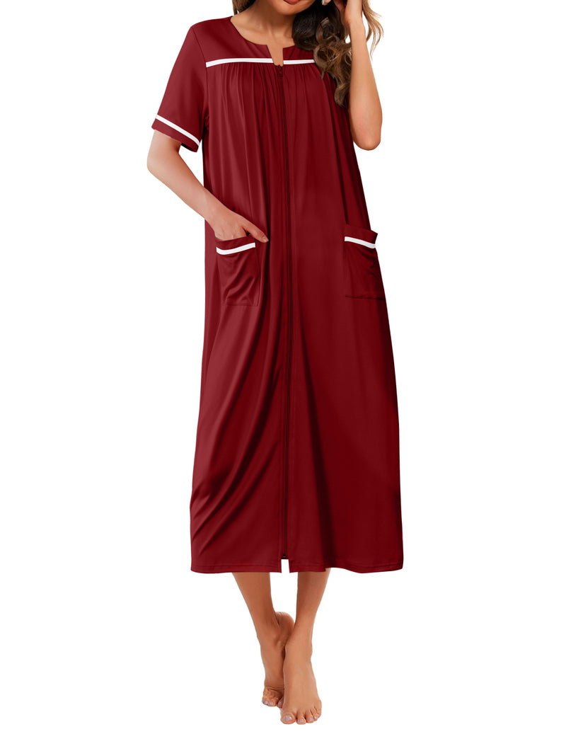 Women's short-sleeve robe, burgundy with contrast trim and two side pockets