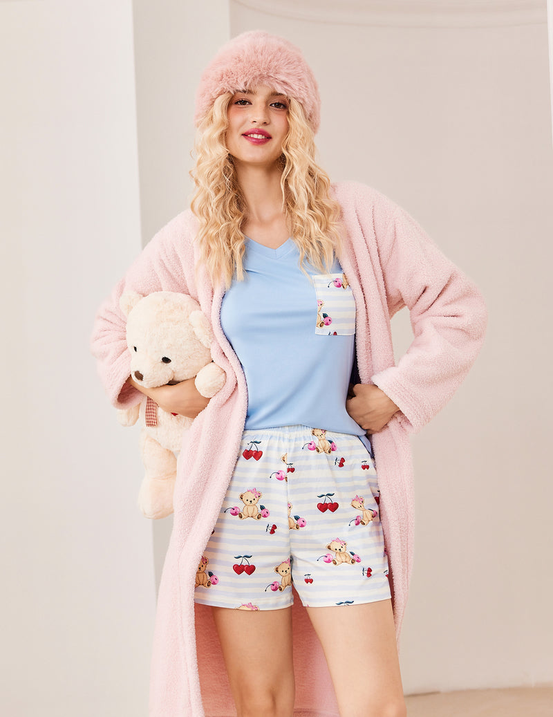 3 Piece Pajama Set Short Sleeve Pj Set Top and Shorts Pants