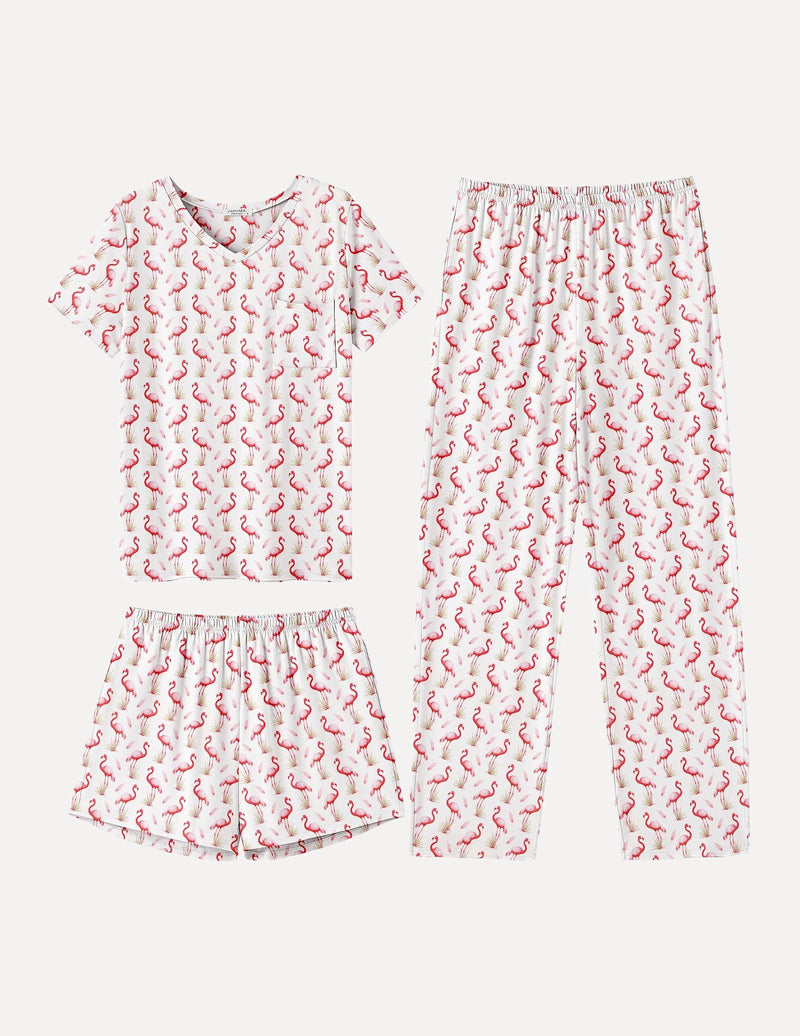 3 Piece Pajama Set Short Sleeve Pj Set Top and Shorts Pants