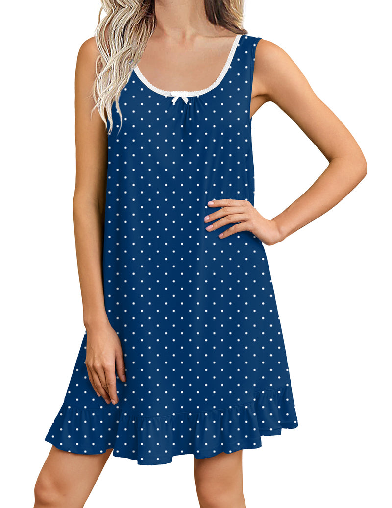 Sleeveless short nightgown, navy blue with white dot print and ruffled hem