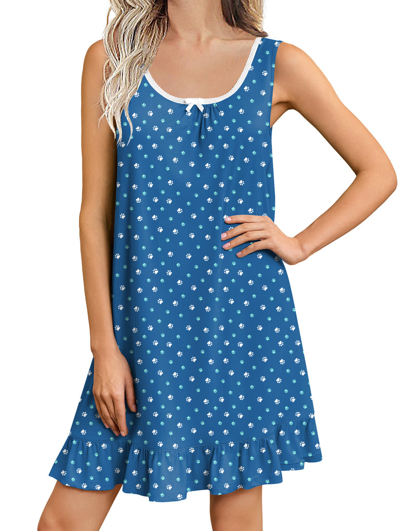 Sleeveless short nightgown, blue with small white print and gathered ruffle hem