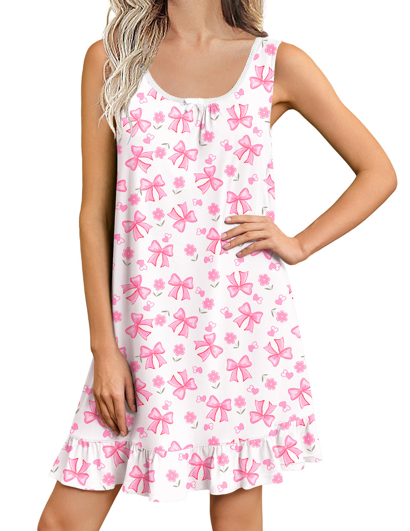 Sleeveless short nightgown, white with pink bow pattern and ruffled hem