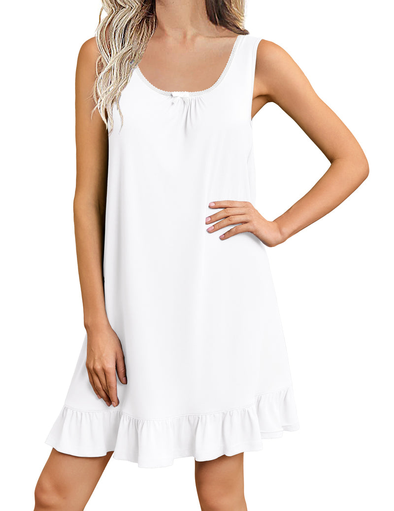 Sleeveless short nightgown, white solid with gathered neckline and ruffled hem