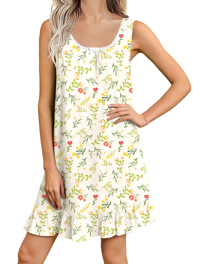 Sleeveless printed nightgown dress, scoop neck, flared ruffle hem, light cream floral