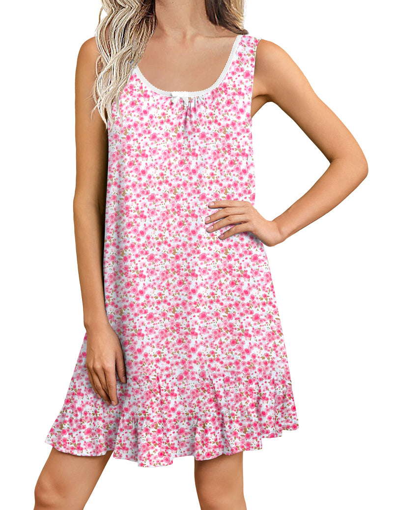 Pink floral sleeveless short nightgown with ruffled hem and scoop neckline