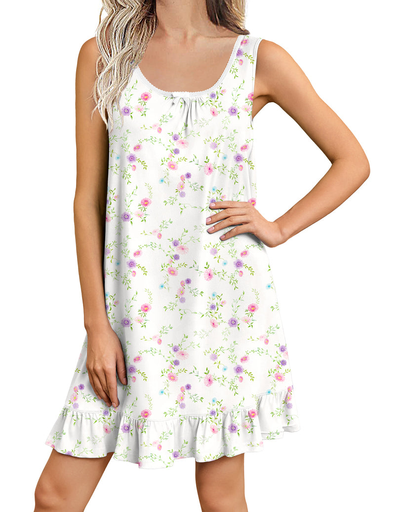 Sleeveless printed nightgown dress, scoop neck, ruffle hem, white with pastel floral