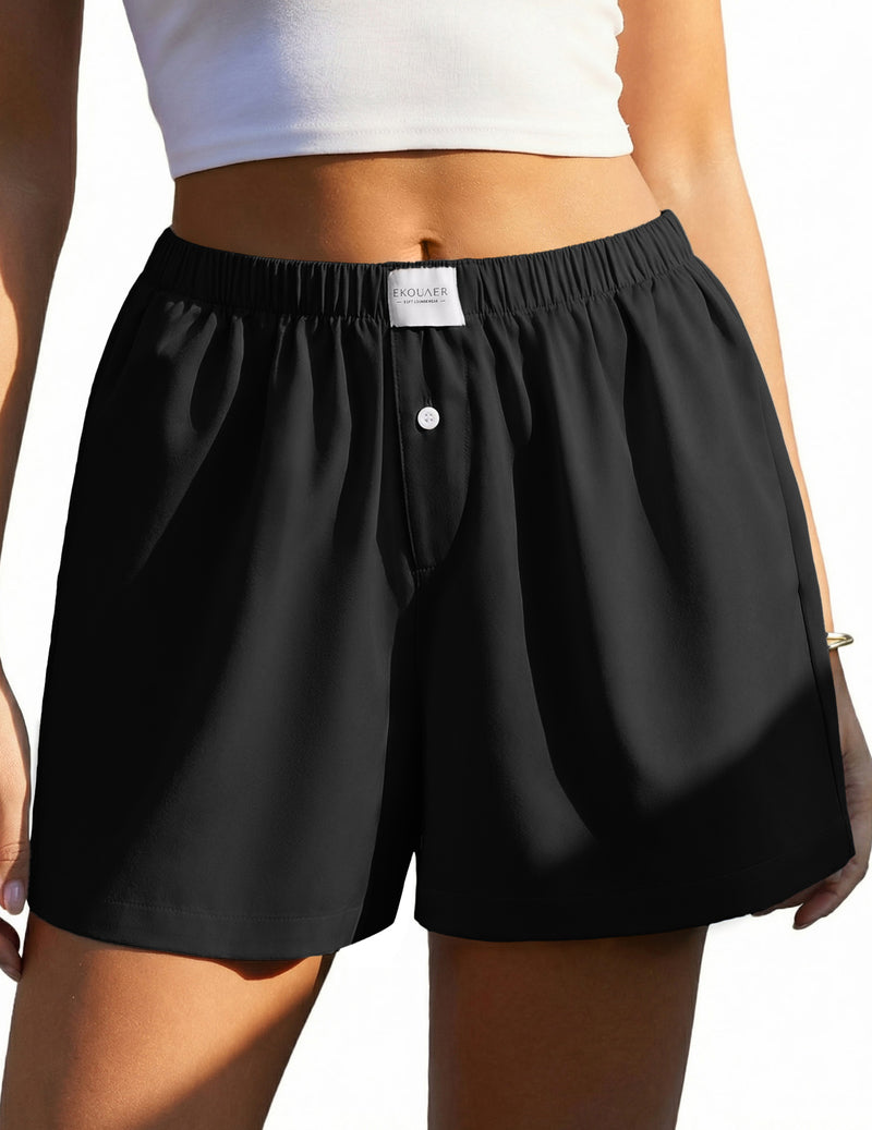 Ekouaer boxer sleep shorts, black, elastic waistband with button detail