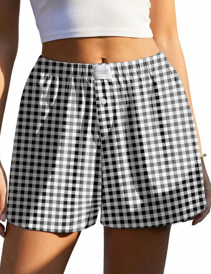 Ekouaer gingham boxer sleep shorts, black and white check, elastic waist