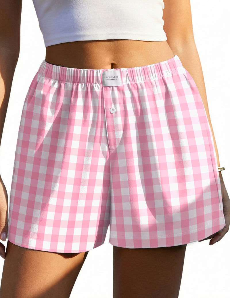 Ekouaer gingham boxer sleep shorts, pink and white check, elastic waist, button fly